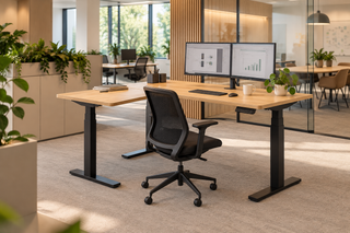 Lifestyle image of the Buronomic Alto sit-stand desk with left return in oak decor with two monitors