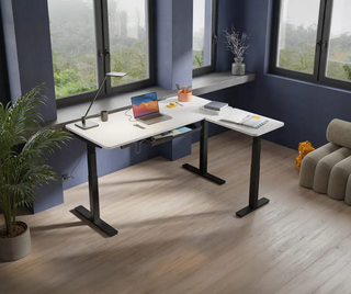 Buronomic Alto sit-stand desk with left return in white with black frame by windows, seen from above