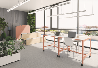 Lifestyle image of Buronomic Nuanza mobile high tables with peach frame by large windows