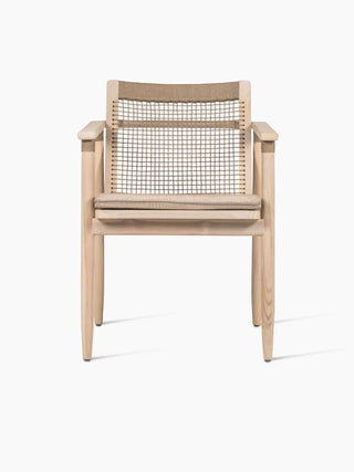 Vincent Sheppard David dining armchair in aged teak with cushion, front view