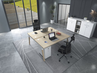Buronomic Dialogue twin workstation in solid wood, white and wire oak by a glass wall, seen from above