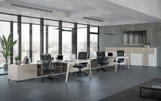 Buronomic Dialogue multi-workstations on Bbox console in solid wood, white and wire oak