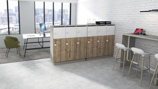 Sfeerbeeld van Buronomic Locker Eko kasten met post- en kledingvakken in Argile, wit en Timber