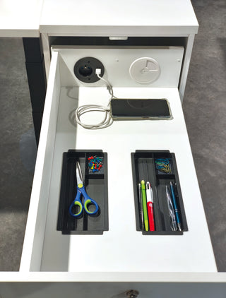 Buronomic Optimax EVO tower opened, detail of the top drawer with power outlet and phone