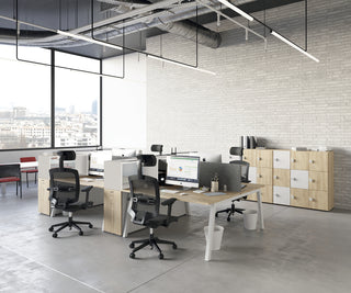 Lifestyle image of Buronomic Optimax EVO towers in white and Nebraska in an industrial open office