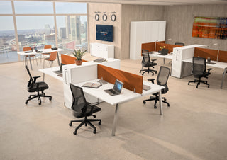 Lifestyle image of white Buronomic Optimax EVO 113 cm tower pedestals by workstations with city view