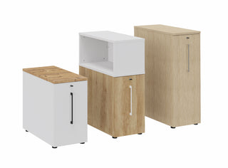 Buronomic Optimax EVO tower pedestals in three heights in white and wood, with and without top box