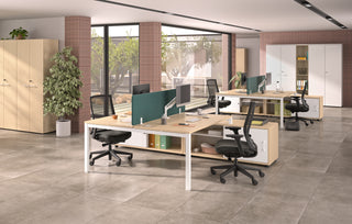 Lifestyle image of Buronomic Quietude 201 cm cabinets with column in white and Argile in an open office