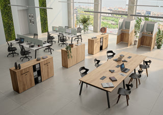 Lifestyle image of Buronomic Quietude cabinets with column in Nebraska and black in a large open office