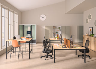 Lifestyle image of Buronomic Quietude storage with alcove in Argile and white in a bright office