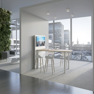 Buronomic Visio hub workstation with technical wall in white and Nebraska, side view