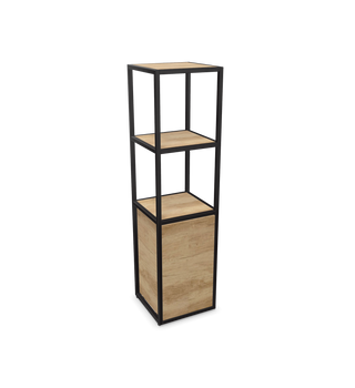 Buronomic Alto open bookcase with metal frame and lower door in wire oak, front three-quarter view