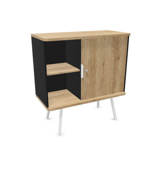 Buronomic Alto lage kast met schuifdeur en open vak in zwart en wire oak op witte poten, schuin vooraanzicht