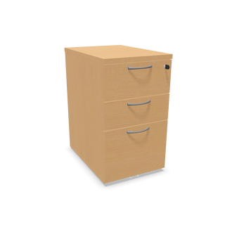 Buronomic Comfort desk-height pedestal with three drawers in beech, front three-quarter view