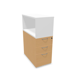 Buronomic Comfort three-drawer pedestal in beech with white top box, front three-quarter view