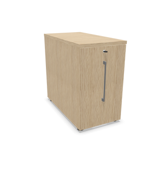 Buronomic Optimax EVO low tower pedestal in light wood with vertical handle, front three-quarter view