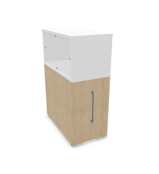 Buronomic Optimax EVO tower in light wood with white top box, front three-quarter view