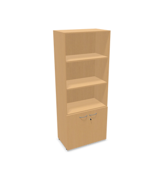 Buronomic Quietude bookcase with open shelves and lower doors in beech, front three-quarter view