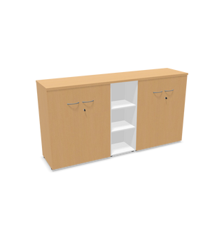 Buronomic Quietude storage combination in beech with white open column, front three-quarter view
